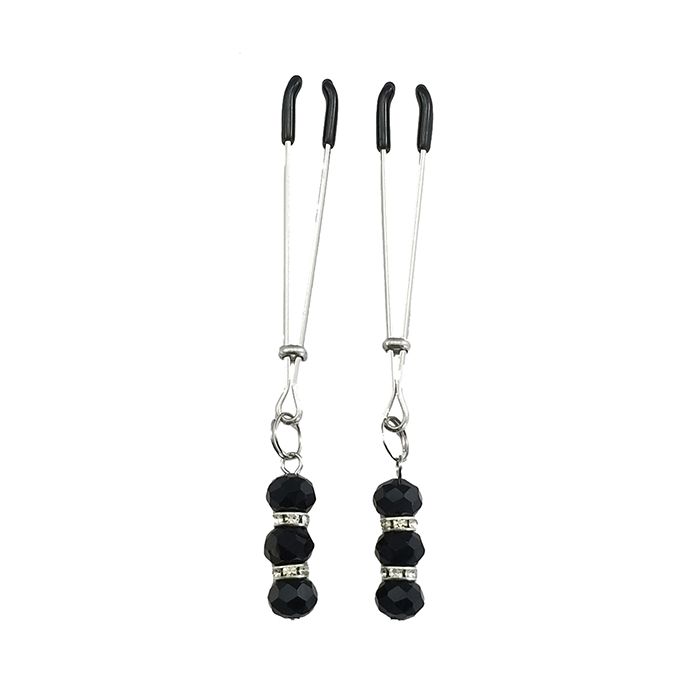 Bijoux de Nip Tweezer Nipple Clamp w/Black & Crystal Beads - Chrome